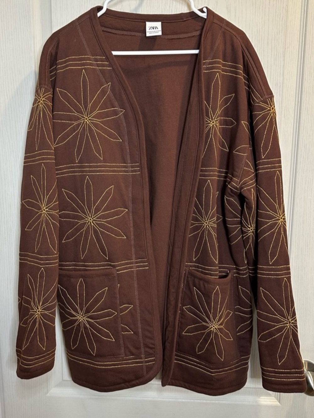 ZARA Brown Embroidered Quilted Floral Cotton Cardigan Jacket - XL